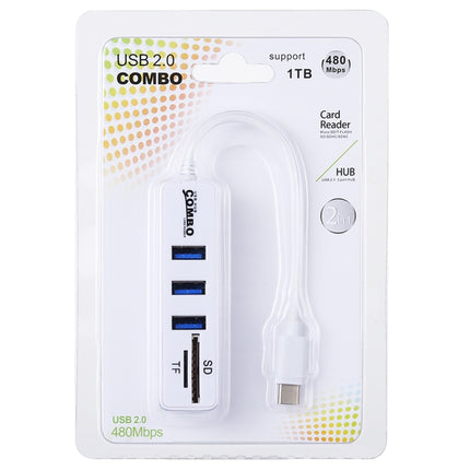 2 in 1 TF & SD Card Reader + 3 x USB Ports to USB-C / Type-C HUB Converter, Total Length: 24cm(White)-garmade.com
