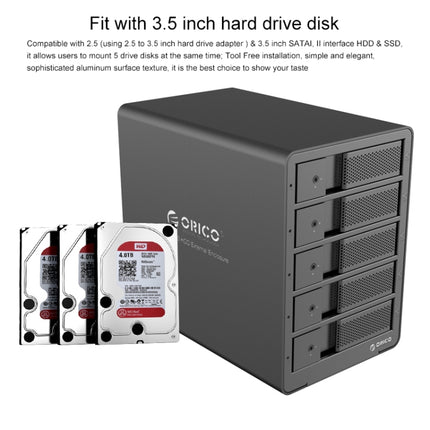 ORICO 9558RU3 5-bay USB 3.0 Type-B Aluminum 3.5 inch SATA HDD Enclosure Storage Hard Disk Box, Support RAID 0 / 5 Mode(Black)-garmade.com