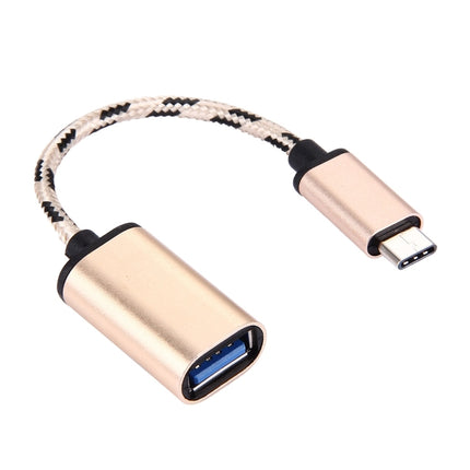 15cm Woven Style Metal Head USB-C / Type-C Male to USB 2.0 Female Data Cable(Gold)-garmade.com