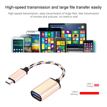 15cm Woven Style Metal Head USB-C / Type-C Male to USB 2.0 Female Data Cable(Gold)-garmade.com