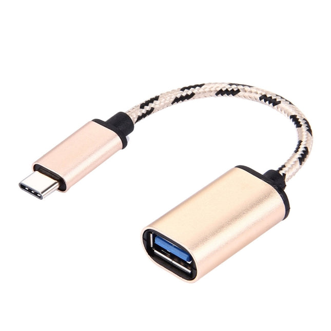 15cm Woven Style Metal Head USB-C / Type-C Male to USB 2.0 Female Data Cable(Gold)-garmade.com