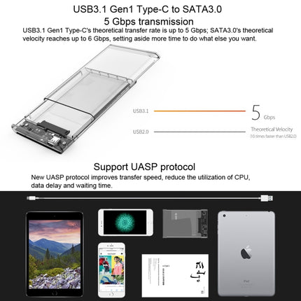 ORICO 2139C3-CR USB3.1 Type C Transparent External Hard Disk Box Storage Case for 9.5mm 2.5 inch SATA HDD / SSD-garmade.com