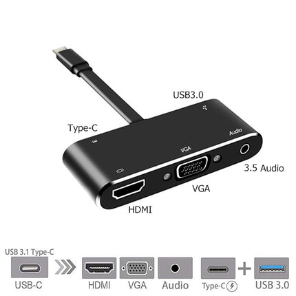 V126 UCB-C / Type-C Male to PD + HDMI + VGA + Audio + USB 3.0 Female 5 in 1 Converter-garmade.com