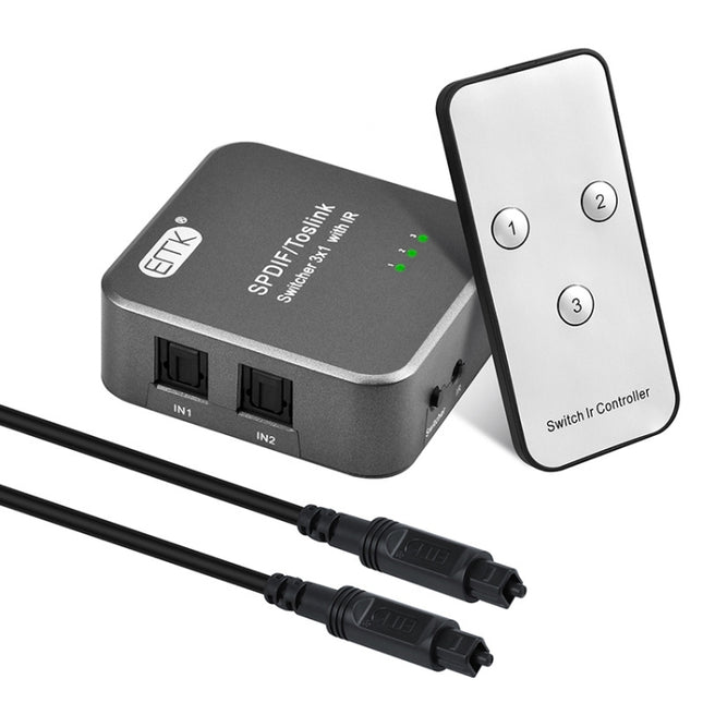 EMK SPDIF/TosLink Digital Optical Audio 3x1 Switcher with IR Controller (Grey)-garmade.com