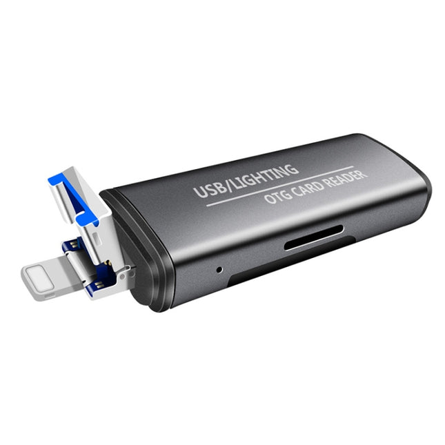 118 2 in 1 USB + 8 Pin Interfaces USB Flash Disk / Memory Card OTG Card Reader for IOS System Mobile Phone / Computer (Dark Gray)-garmade.com