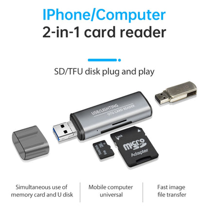 118 2 in 1 USB + 8 Pin Interfaces USB Flash Disk / Memory Card OTG Card Reader for IOS System Mobile Phone / Computer (Light Grey)-garmade.com