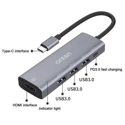 Onten OT-95123 5 in 1 Multifunctional Type-C + USB + HDMI Docking Station, Cable Length: 145mm (Silver)-garmade.com