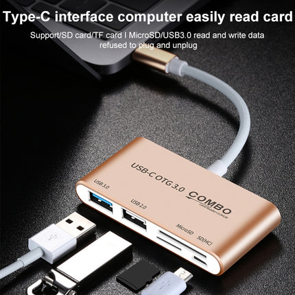 COMBO T-693 5 in 1 USB-C / Type-C to SD / TF / Micro SD Card Slot + USB 3.0 + USB 2.0Ports OTG HUB Card Reader(Gold)-garmade.com