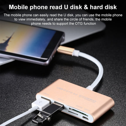 COMBO T-693 5 in 1 USB-C / Type-C to SD / TF / Micro SD Card Slot + USB 3.0 + USB 2.0Ports OTG HUB Card Reader(Gold)-garmade.com