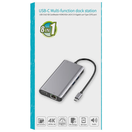 Onten 9591BD 8 in 1 USB-C / Type-C to PD USB-C / Type-C Charging + Gigabit Ethernet + Dual USB 3.0 + HDMI + VGA + SD Card Slot + 3.5mm AUX HUB(Grey)-garmade.com
