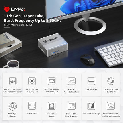 BMAX B3 2022 Windows 11 Mini PC, 8GB+256GB, Intel Jasper Lake N5095, Support HDMI / RJ45 / TF Card, US Plug(Space Grey)-garmade.com