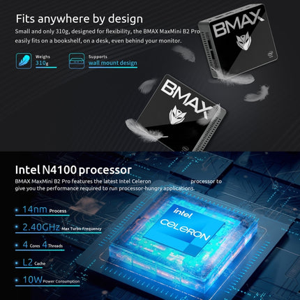 BMAX B2 Pro Windows 11 Mini PC, 8GB+256GB, Intel Gemini Lake N4100, Support HDMI / RJ45 / TF Card, EU Plug(Space Grey)-garmade.com