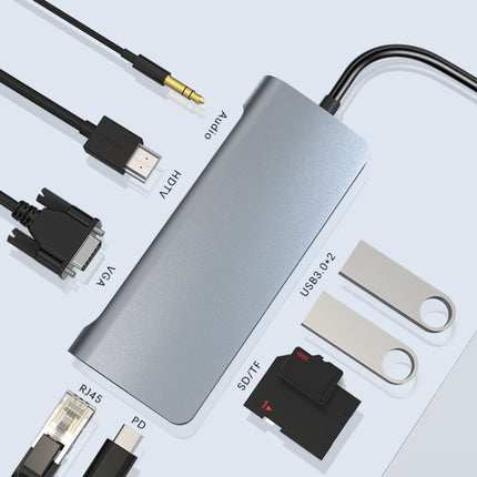 9 in 1 RJ45 + PD + SD/TF + USB 3.0 x 2 + HDMI + VGA + Audio to USB-C / Type-C HUB Adapter-garmade.com