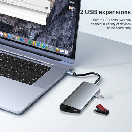 9 in 1 RJ45 + PD + SD/TF + USB 3.0 x 2 + HDMI + VGA + Audio to USB-C / Type-C HUB Adapter-garmade.com