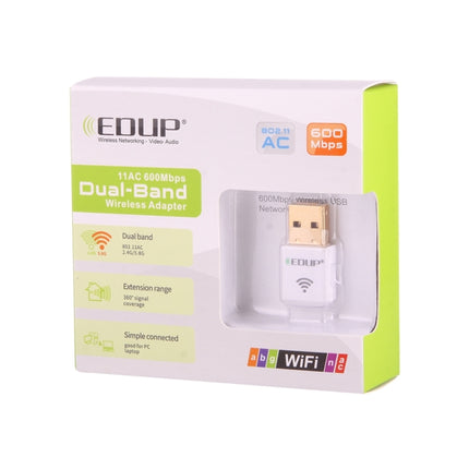 EDUP EP-AC1619 Mini Wireless USB 600Mbps 2.4G / 5.8Ghz 150M+433M Dual Band WiFi Network Card for Nootbook / Laptop / PC(White)-garmade.com