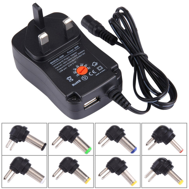 UK Plug Universal 30W Power Wall Plug-in Adapter with 5V 2.1A USB Port, Tips: 8 PCS, Cable Length: About 1.2m-garmade.com