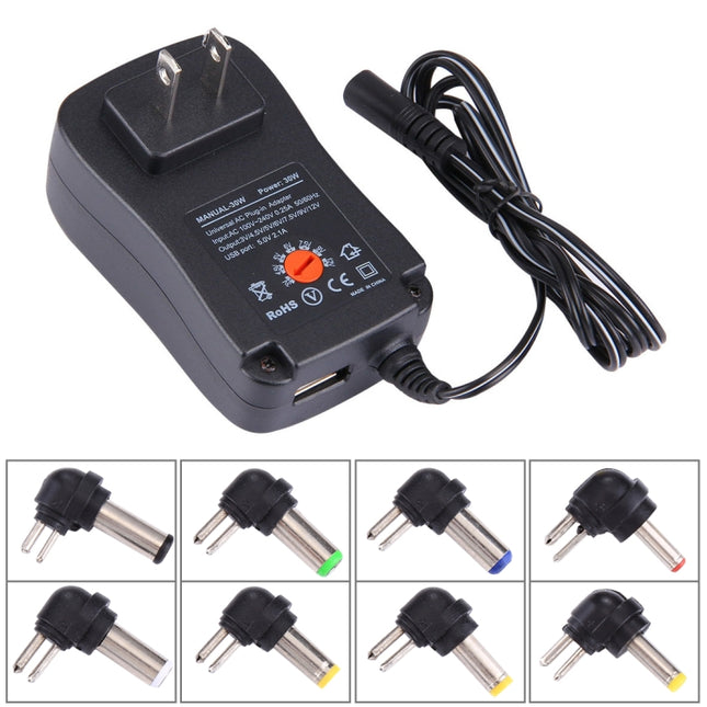 US Plug Universal 30W Power Wall Plug-in Adapter with 5V 2.1A USB Port, Tips: 6 PCS, Cable Length: About 1.2m-garmade.com