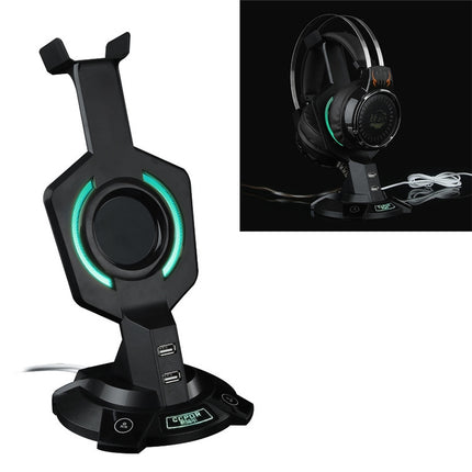 R-008-02 Luminous Integrated Mecha-shaped Headset Holder with Dual USB Ports & Computer Switch-garmade.com