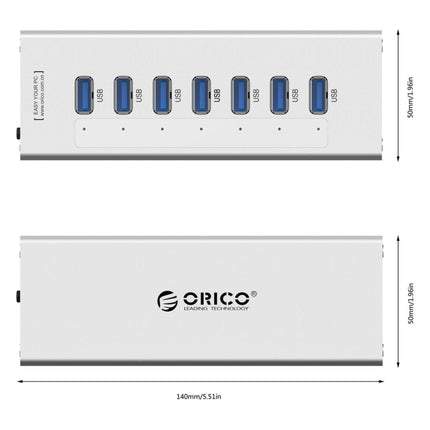 ORICO A3H7 Aluminum High Speed 7 Ports USB 3.0 HUB with 12V/2.5A Power Supply (Silver)-garmade.com