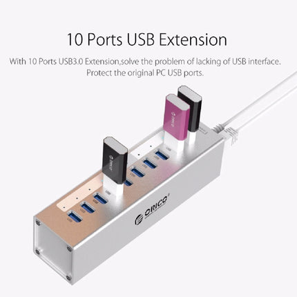 ORICO A3H10 Aluminum High Speed 10 Ports USB 3.0 HUB with Power Adapter (Silver)-garmade.com