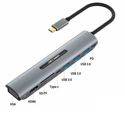 V216 9 in 1 USB-C / Type-C to PD + 3 x USB 3.0 + USB-C / Type-C + SD + TF + HDMI + VGA HUB Adapter-garmade.com