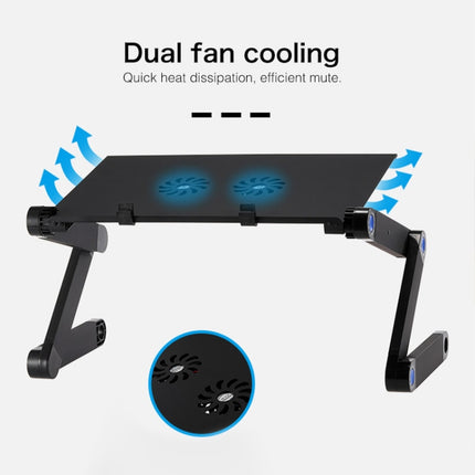 Portable 360 Degree Adjustable Foldable Aluminium Alloy Desk Stand with Double CPU Fans & Mouse Pad Desk Size: 480mm x 260mm(Black)-garmade.com