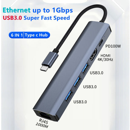 BYL-2210 6 in 1 USB-C / Type-C to USB Multifunctional Docking Station HUB Adapter with 1000M Network Port-garmade.com