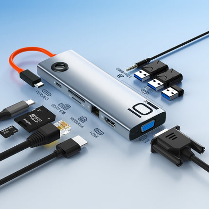 ROCK TR30 Type-C To HDMI VGA Audio USB 3.0 SDTF LAN Multi Splitter Adapter 10 in 1 PD Docking Station HUB(Silver Black)-garmade.com
