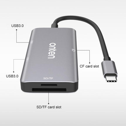 Onten 91882 5 In 1 USB3.0 x3 + SD + TF + CF Type-C / USB-C OTG Multi-function Card Reader-garmade.com