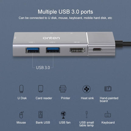 Onten 95113 8 In 1 USB 3.0 x2 + SD / TF + HDMI / VGA + 3.5mm Jack + Type-C / USB-C (PD 3.0) Multi-function HUB Converter Dock Station-garmade.com