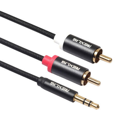 REXLIS 3635 3.5mm Male to Dual RCA Gold-plated Plug Black Cotton Braided Audio Cable for RCA Input Interface Active Speaker, Length: 0.5m-garmade.com