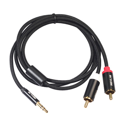REXLIS 3635 3.5mm Male to Dual RCA Gold-plated Plug Black Cotton Braided Audio Cable for RCA Input Interface Active Speaker, Length: 1m-garmade.com