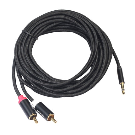 REXLIS 3635 3.5mm Male to Dual RCA Gold-plated Plug Black Cotton Braided Audio Cable for RCA Input Interface Active Speaker, Length: 10m-garmade.com