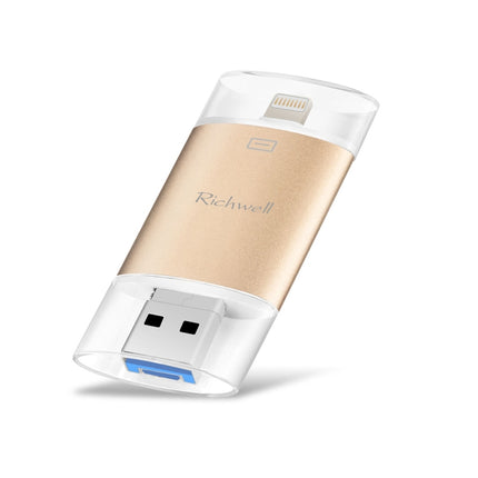 Richwell 3 in 1 128G Type-C + 8 Pin + USB 3.0 Metal Double Cover Push-pull Flash Disk with OTG Function(Gold)-garmade.com