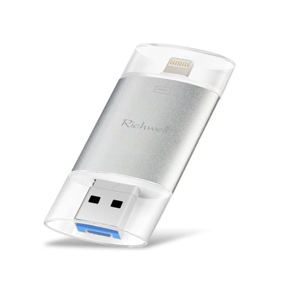 Richwell 3 in 1 128G Type-C + 8 Pin + USB 3.0 Metal Double Cover Push-pull Flash Disk with OTG Function(Silver)-garmade.com