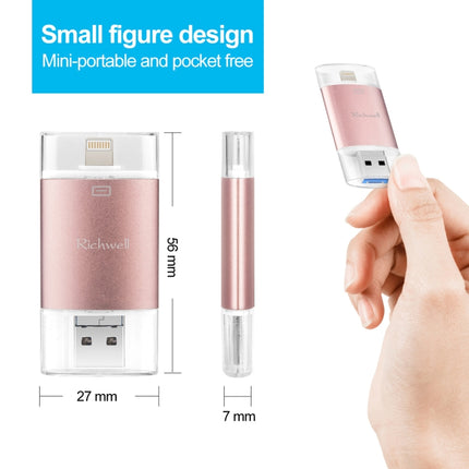 Richwell 3 in 1 64G Type-C + 8 Pin + USB 3.0 Metal Double Cover Push-pull Flash Disk with OTG Function(Rose Gold)-garmade.com
