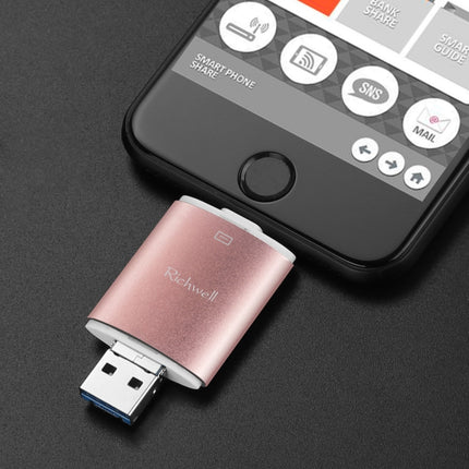 Richwell 3 in 1 64G Type-C + 8 Pin + USB 3.0 Metal Double Cover Push-pull Flash Disk with OTG Function(Rose Gold)-garmade.com