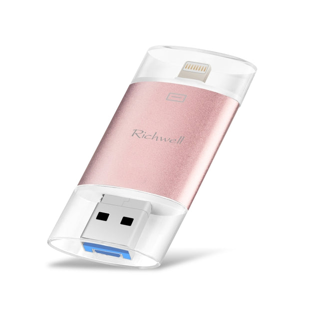 Richwell 3 in 1 16G Type-C + 8 Pin + USB 3.0 Metal Double Cover Push-pull Flash Disk with OTG Function(Rose Gold)-garmade.com
