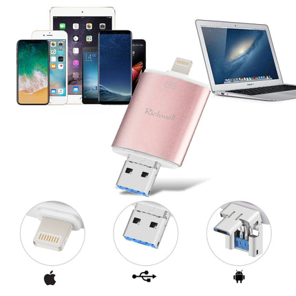 Richwell 3 in 1 16G Type-C + 8 Pin + USB 3.0 Metal Double Cover Push-pull Flash Disk with OTG Function(Rose Gold)-garmade.com
