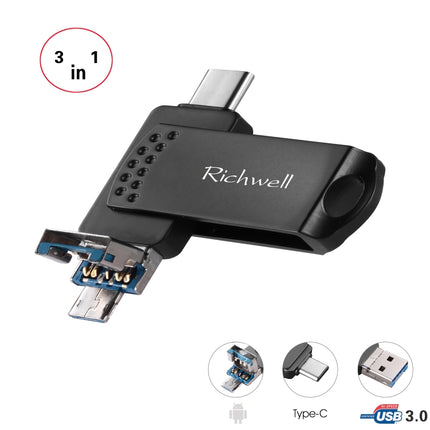 Richwell 3 in 1 16G Type-C + Micro USB + USB 3.0 Metal Flash Disk with OTG Function(Black)-garmade.com