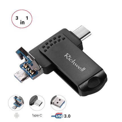 Richwell 3 in 1 64G Type-C + Micro USB + USB 3.0 Metal Flash Disk with OTG Function(Black)-garmade.com