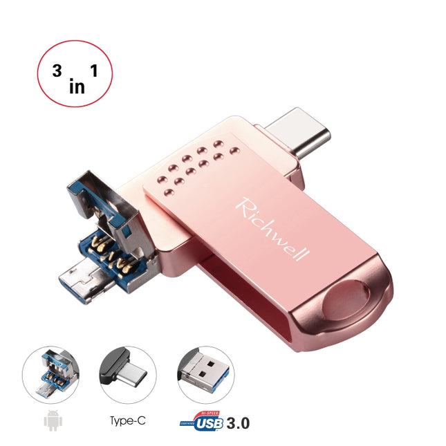 Richwell 3 in 1 32G Type-C + Micro USB + USB 3.0 Metal Flash Disk with OTG Function(Rose Gold)-garmade.com
