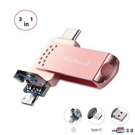 Richwell 3 in 1 32G Type-C + Micro USB + USB 3.0 Metal Flash Disk with OTG Function(Rose Gold)-garmade.com