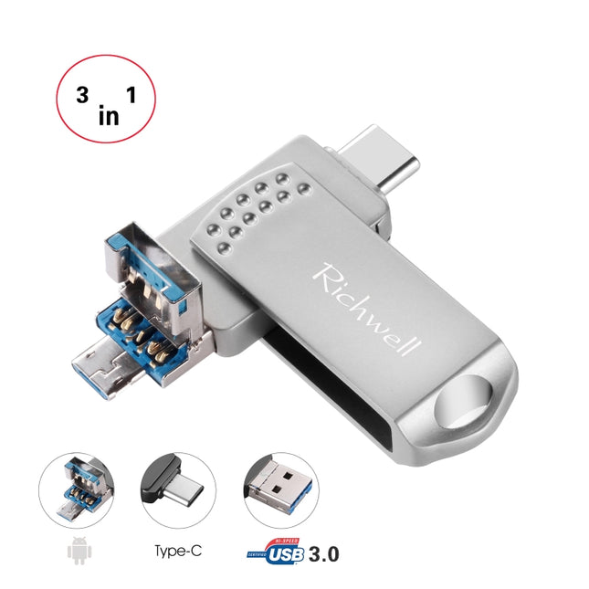 Richwell 3 in 1 128G Type-C + Micro USB + USB 3.0 Metal Flash Disk with OTG Function(Silver)-garmade.com
