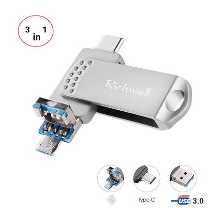 Richwell 3 in 1 128G Type-C + Micro USB + USB 3.0 Metal Flash Disk with OTG Function(Silver)-garmade.com
