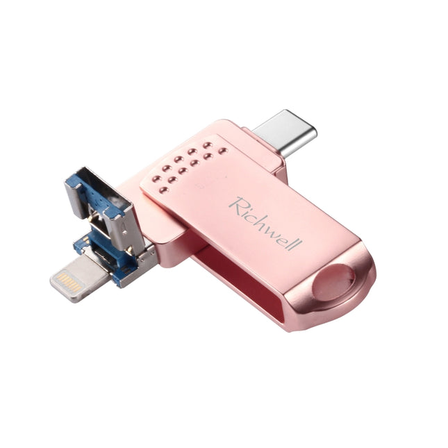 Richwell 16G Type-C + 8 Pin + USB 3.0 Metal Push-pull Flash Disk with OTG Function(Rose Gold)-garmade.com