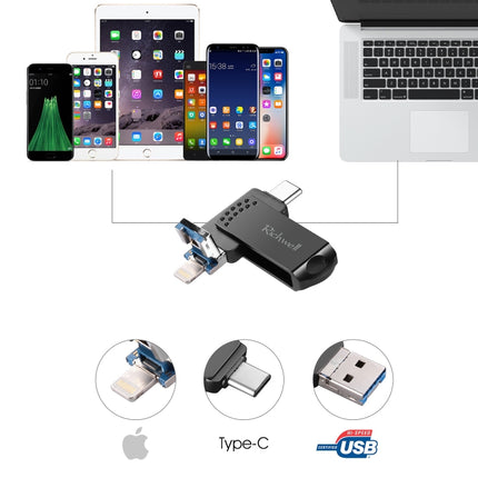 Richwell 16G Type-C + 8 Pin + USB 3.0 Metal Flash Disk with OTG Function(Silver)-garmade.com