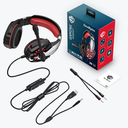 Soulbytes S9 USB + 3.5mm 4 Pin Adjustable LED Light Gaming Headset with Mic (Red)-garmade.com