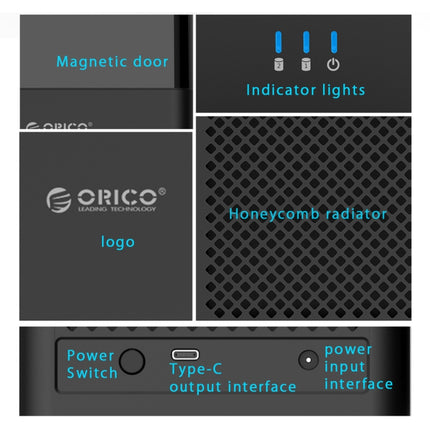 ORICO DS200C3 3.5 inch 2 Bay Magnetic-type USB-C / Type-C Hard Drive Enclosure with Blue LED Indicator(Black)-garmade.com