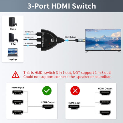 3 Port HDMI 8K Switcher Selector Box with Pigtail Cable (Black)-garmade.com